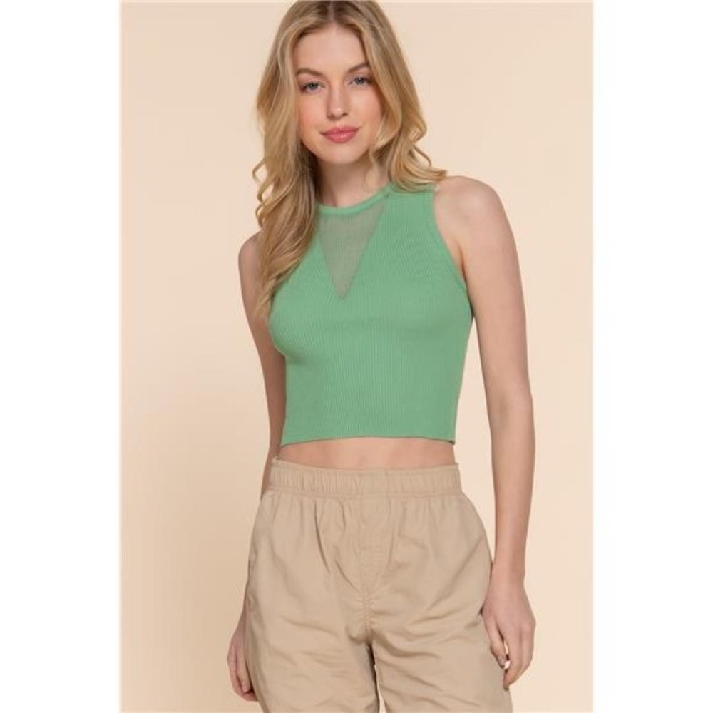 Sleeveless With Sheer Contrast Knit Top in Sage Green